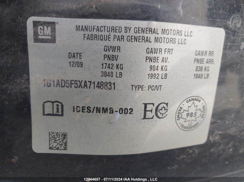 2010 Chevrolet Cobalt 1Lt VIN: 1G1AD5F5XA7148831 Lot: 12044657