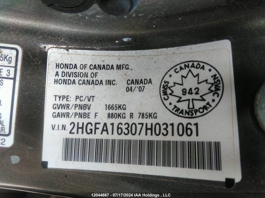 2007 Honda Civic Sdn VIN: 2HGFA16307H031061 Lot: 12044667