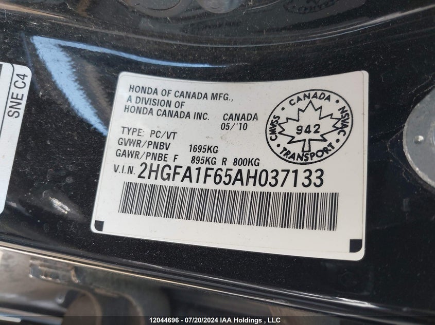 2010 Honda Civic Sdn VIN: 2HGFA1F65AH037133 Lot: 12044696