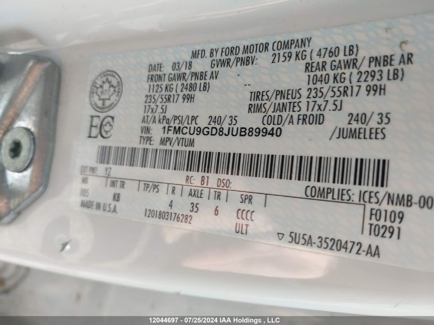 2018 Ford Escape VIN: 1FMCU9GD8JUB89940 Lot: 12044697