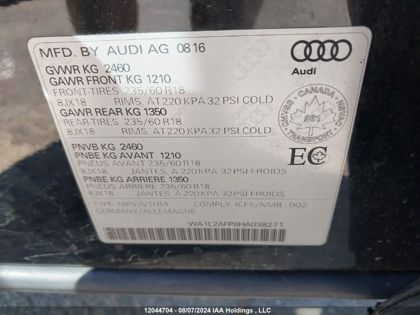 2017 Audi Q5 VIN: WA1L2AFP8HA038271 Lot: 12044704