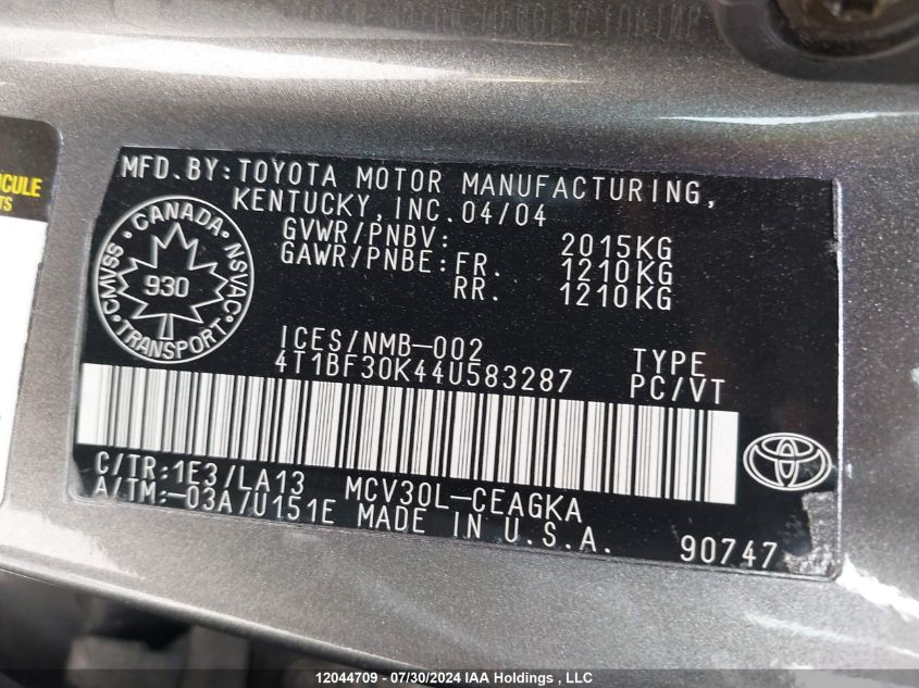 2004 Toyota Camry Le V6/Xle V6 VIN: 4T1BF30K44U583287 Lot: 12044709