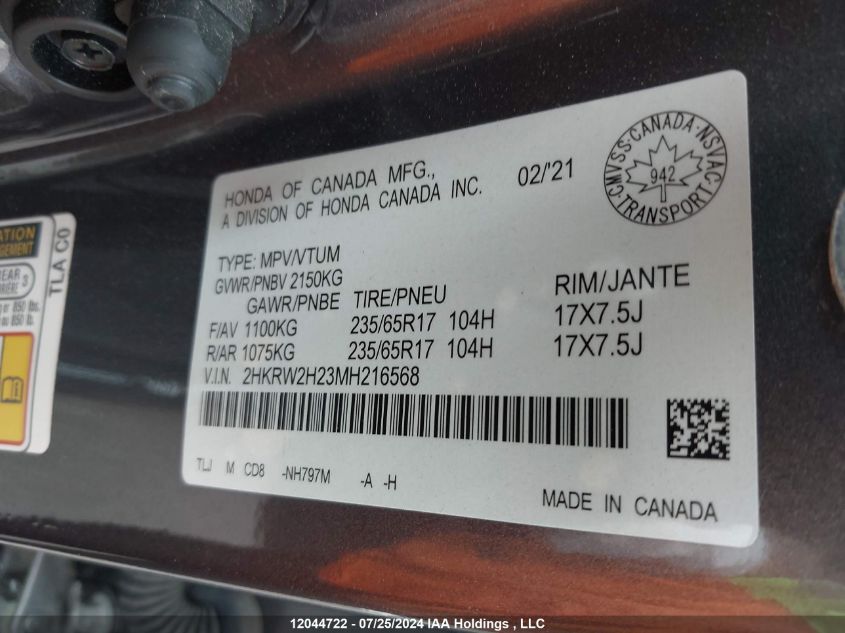 2021 Honda Cr-V VIN: 2HKRW2H23MH216568 Lot: 12044722