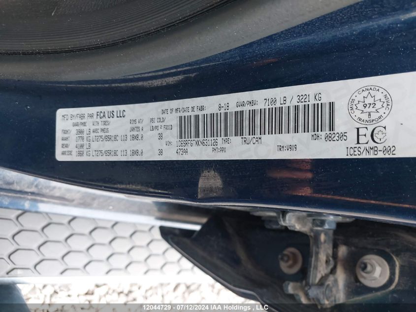 2019 Ram 1500 Tradesman VIN: 1C6SRFGTXKN631126 Lot: 12044729