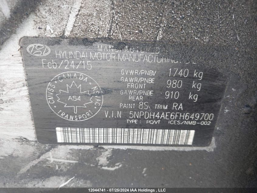 2015 Hyundai Elantra Se/Sport/Limited VIN: 5NPDH4AE6FH649700 Lot: 12044741