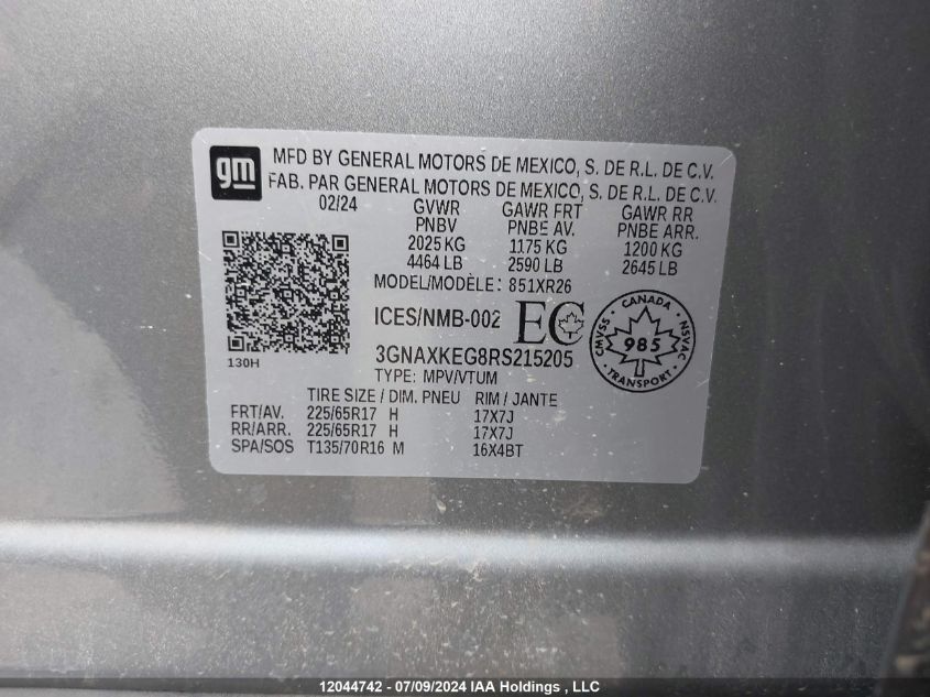 2024 Chevrolet Equinox VIN: 3GNAXKEG8RS215205 Lot: 12044742