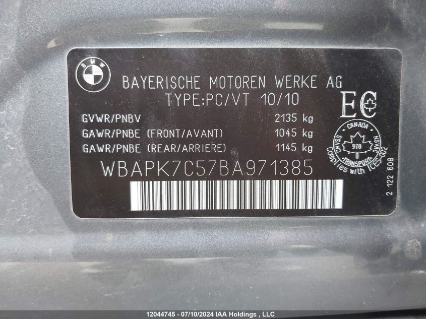 2011 BMW 3 Series VIN: WBAPK7C57BA971385 Lot: 12044745