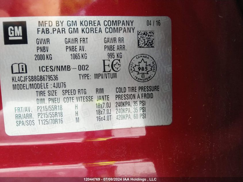 2016 Buick Encore Convenience VIN: KL4CJFSB8GB679536 Lot: 12044769