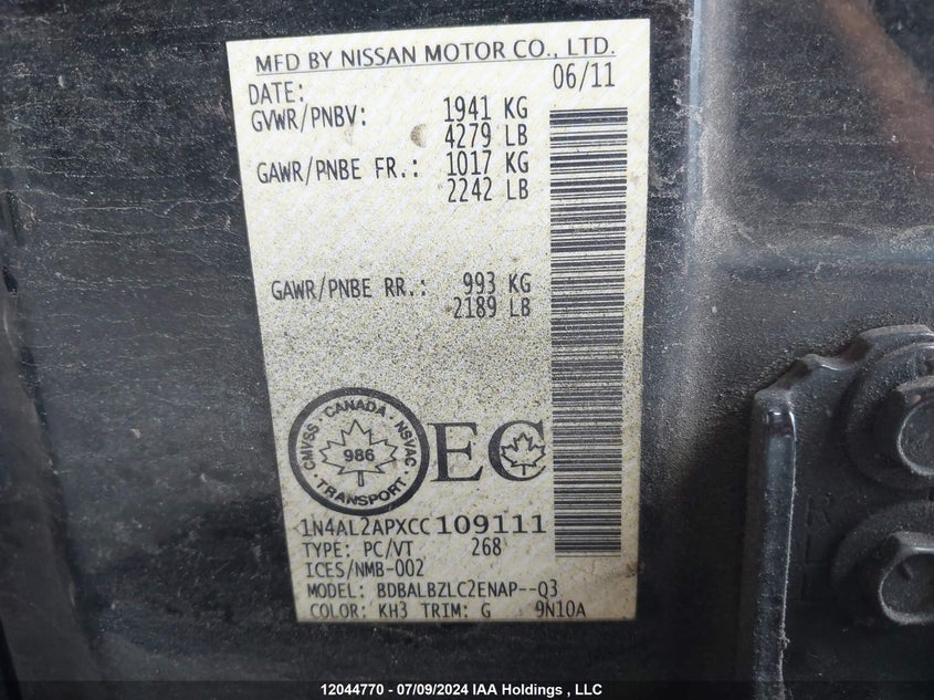 1N4AL2APXCC109111 2012 Nissan Altima