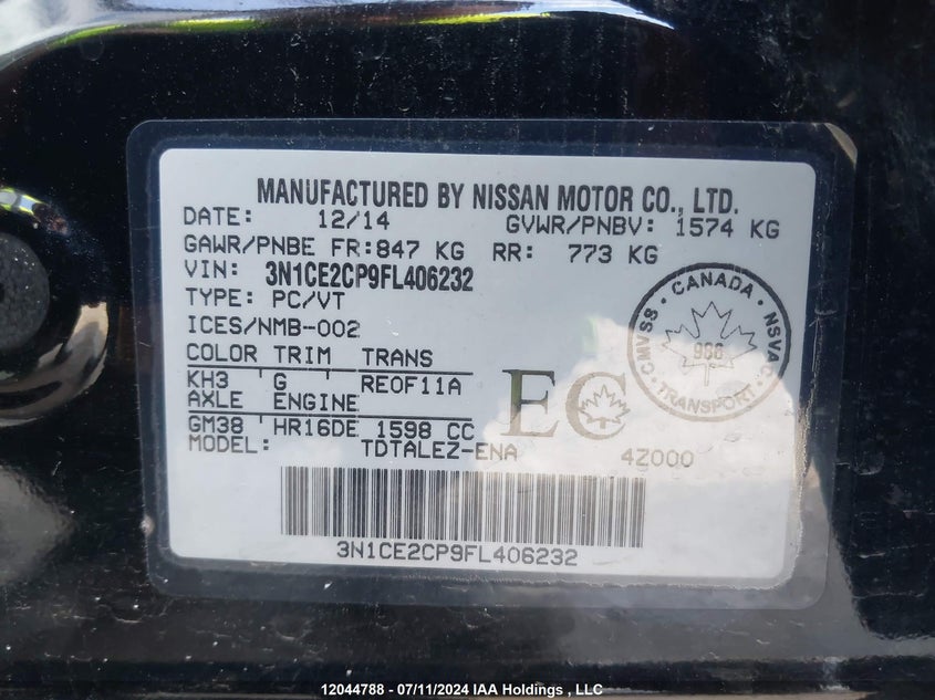 2015 Nissan Versa Note S/S Plus/Sv/Sl/Sr VIN: 3N1CE2CP9FL406232 Lot: 12044788