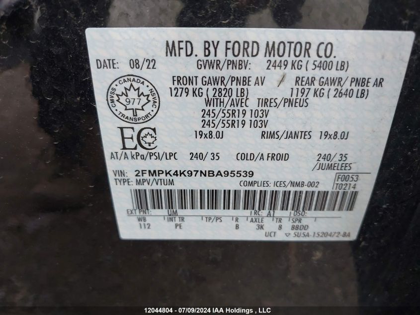 2022 Ford Edge Titanium VIN: 2FMPK4K97NBA95539 Lot: 12044804