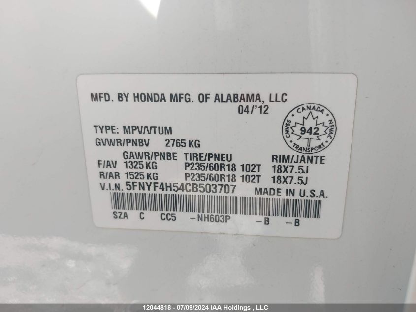 2012 Honda Pilot VIN: 5FNYF4H54CB503707 Lot: 12044818