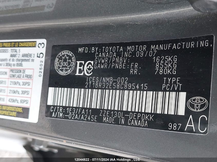 2008 Toyota Corolla Ce VIN: 2T1BR32E58C895415 Lot: 12044822