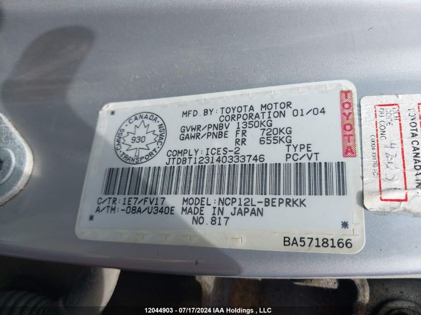2004 Toyota Echo VIN: JTDBT123140333746 Lot: 12044903