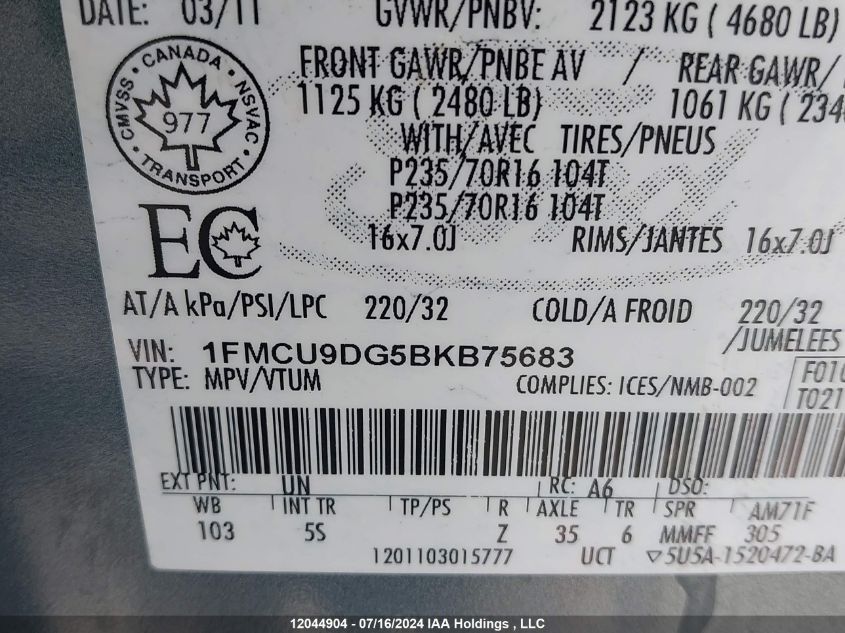 2011 Ford Escape Xlt VIN: 1FMCU9DG5BKB75683 Lot: 12044904