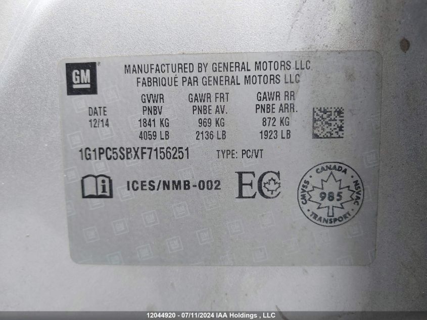 2015 Chevrolet Cruze VIN: 1G1PC5SBXF7156251 Lot: 12044920