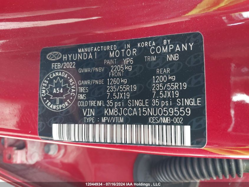 2022 Hyundai Tucson Ultimate Hybrid Awd VIN: KM8JCCA15NU059559 Lot: 12044934