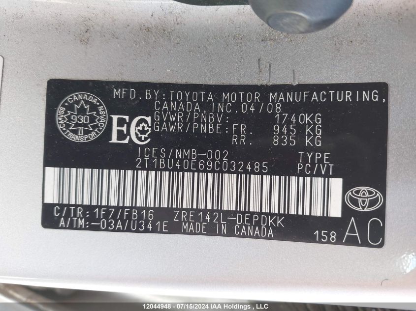 2009 Toyota Corolla S/Le/Xle VIN: 2T1BU40E69C032485 Lot: 12044948