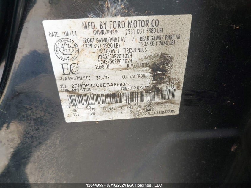 2014 Ford Edge Sel VIN: 2FMDK4JC8EBA86901 Lot: 12044955