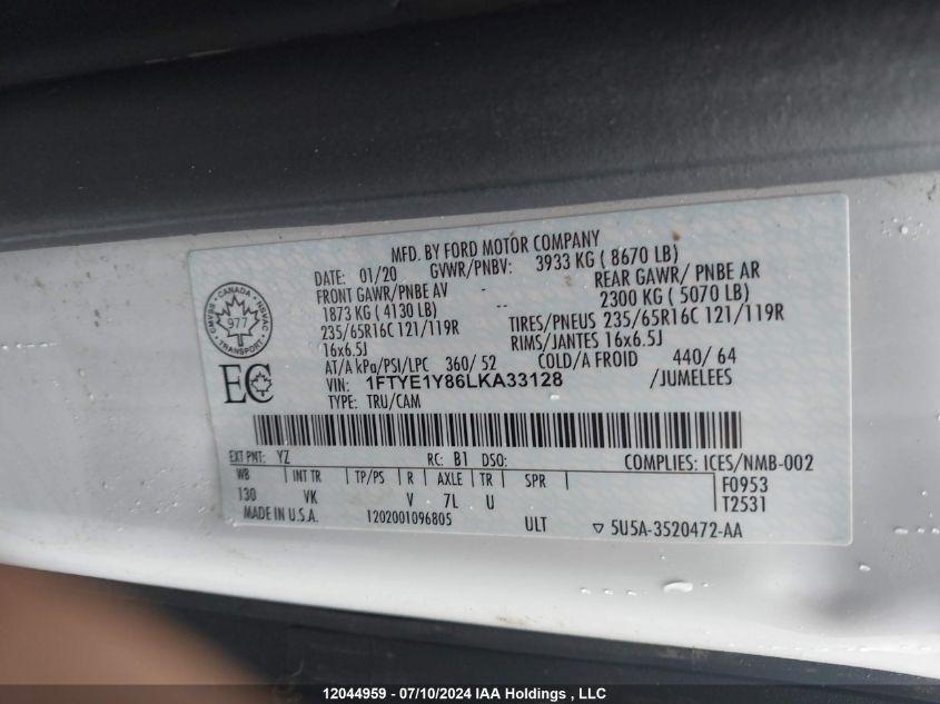 2020 Ford Transit T-150 VIN: 1FTYE1Y86LKA33128 Lot: 12044959