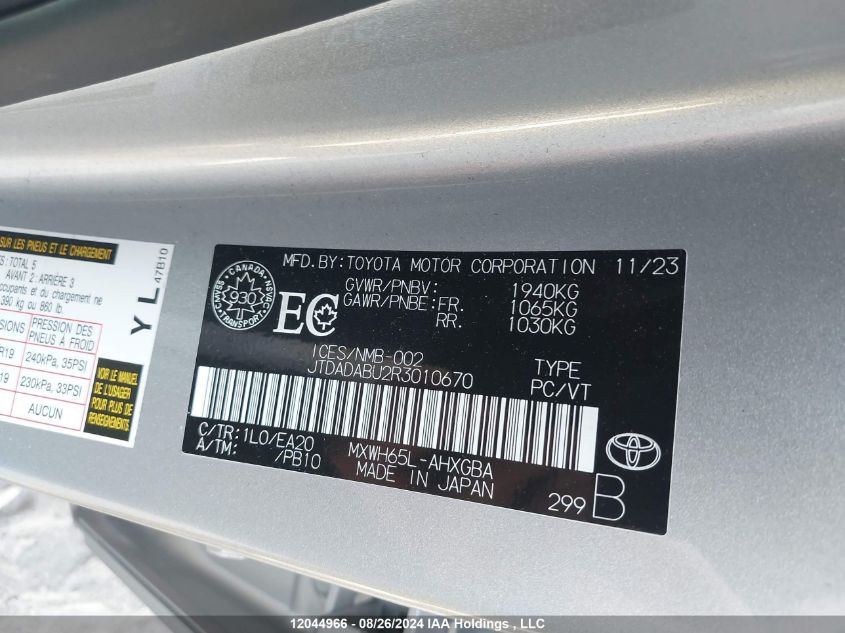 2024 Toyota Prius VIN: JTDADABU2R3010670 Lot: 12044966