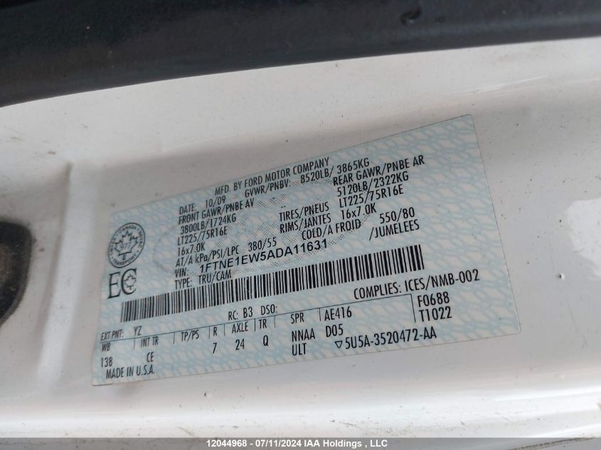 2010 Ford Econoline Cargo VIN: 1FTNE1EW5ADA11631 Lot: 12044968