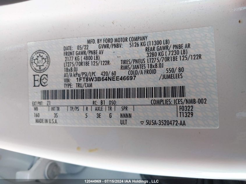 2022 Ford F-350 Xlt VIN: 1FT8W3B64NEE46697 Lot: 12044969