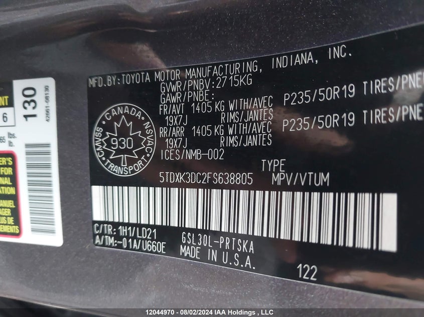 2015 Toyota Sienna Sport VIN: 5TDXK3DC2FS638805 Lot: 12044970