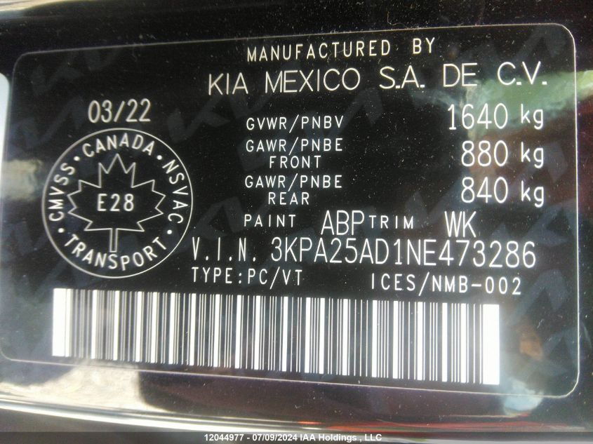 2022 Kia Rio S VIN: 3KPA25AD1NE473286 Lot: 12044977