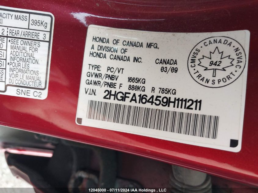 2009 Honda Civic Sdn VIN: 2HGFA16459H111211 Lot: 12045000