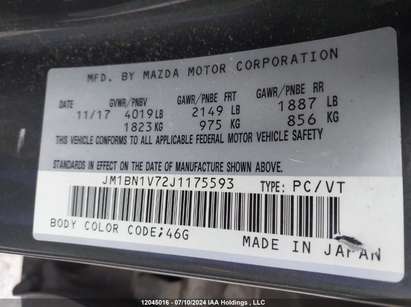 2018 Mazda Mazda3 VIN: JM1BN1V72J1175593 Lot: 12045016