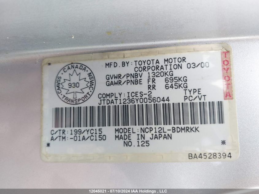 2000 Toyota Echo VIN: JTDAT1236Y0056044 Lot: 12045021