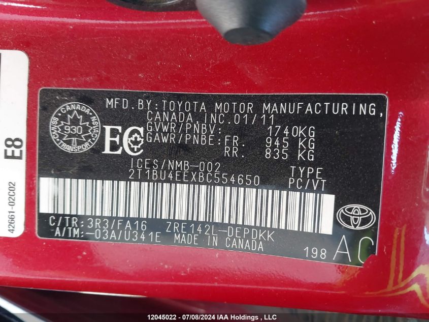 2011 Toyota Corolla S/Le VIN: 2T1BU4EEXBC554650 Lot: 12045022