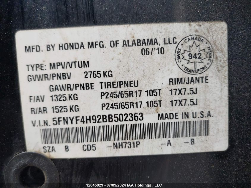 2011 Honda Pilot Touring VIN: 5FNYF4H92BB502363 Lot: 12045029