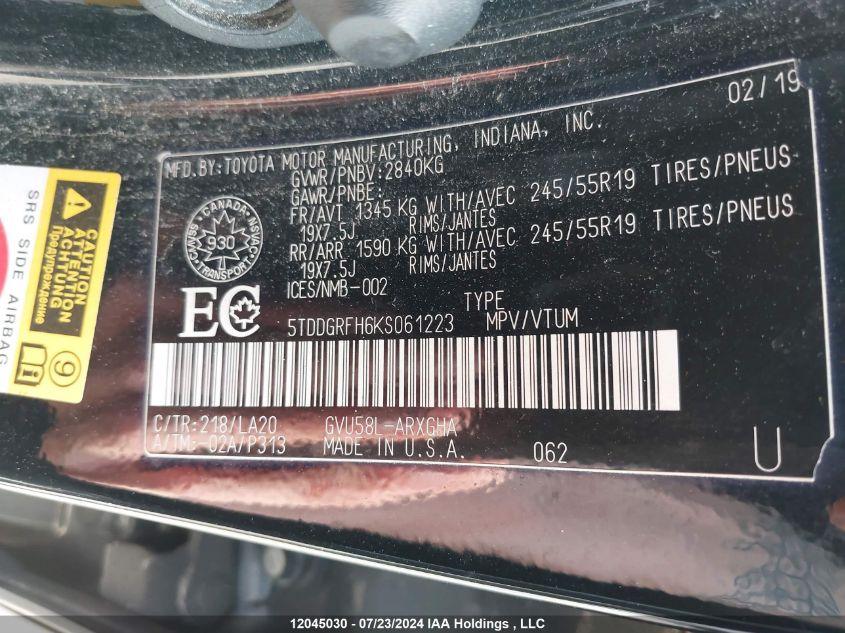2019 Toyota Highlander Hybrid Limited VIN: 5TDDGRFH6KS061223 Lot: 12045030