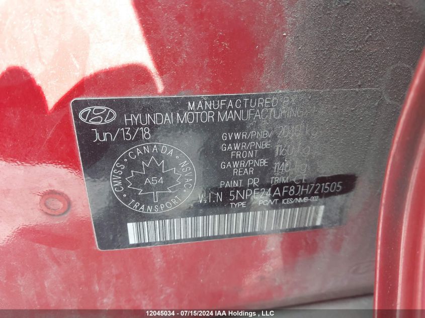 2018 Hyundai Sonata Gl VIN: 5NPE24AF8JH721505 Lot: 12045034