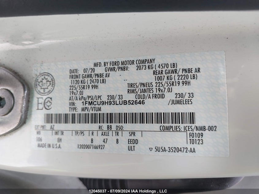 2020 Ford Escape Sel VIN: 1FMCU9H93LUB52646 Lot: 12045037