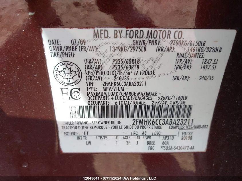 2010 Ford Flex Sel VIN: 2FMHK6CC3ABA23211 Lot: 12045041