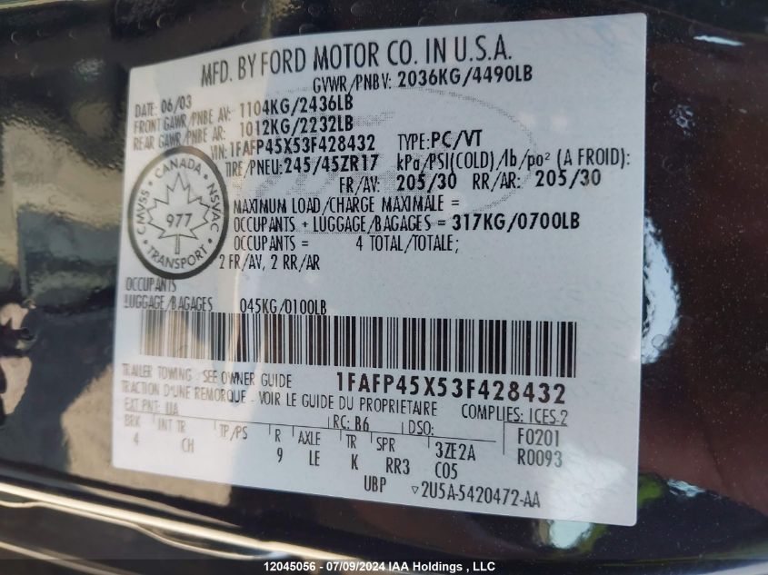 2003 Ford Mustang Gt VIN: 1FAFP45X53F428432 Lot: 12045056
