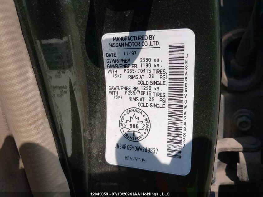 1998 Nissan Pathfinder VIN: JN8AR05Y0WW249837 Lot: 12045059