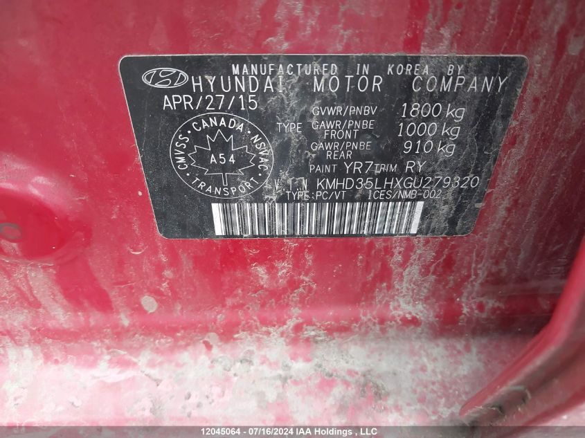 2016 Hyundai Elantra Gt VIN: KMHD35LHXGU279320 Lot: 12045064