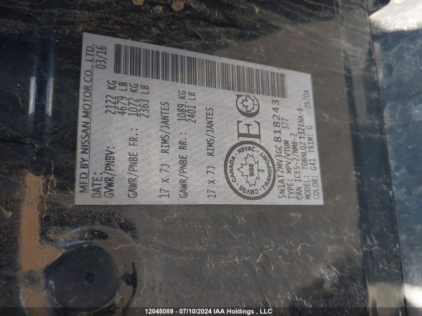 2016 Nissan Rogue VIN: 5N1AT2MV3GC818243 Lot: 12045089