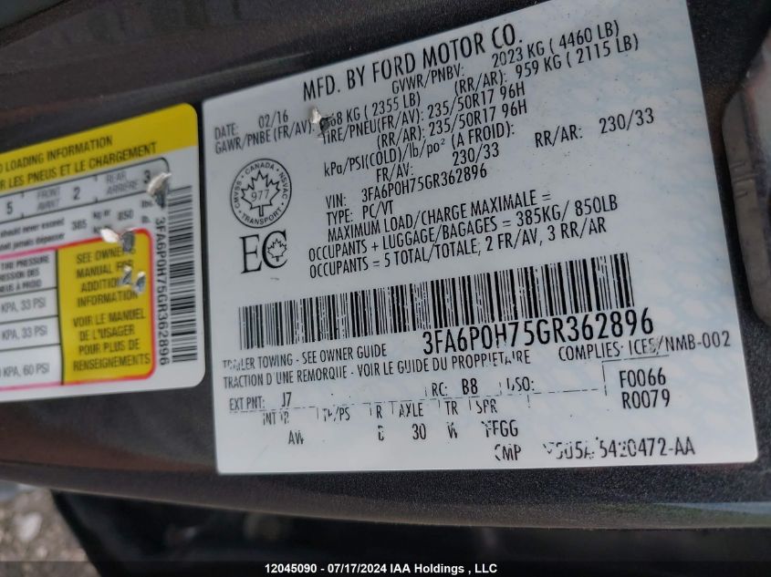 2016 Ford Fusion Se VIN: 3FA6P0H75GR362896 Lot: 12045090