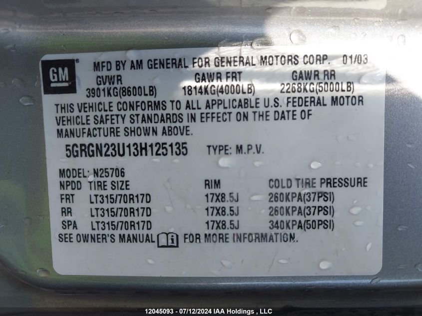 2003 Hummer H2 VIN: 5GRGN23U13H125135 Lot: 12045093