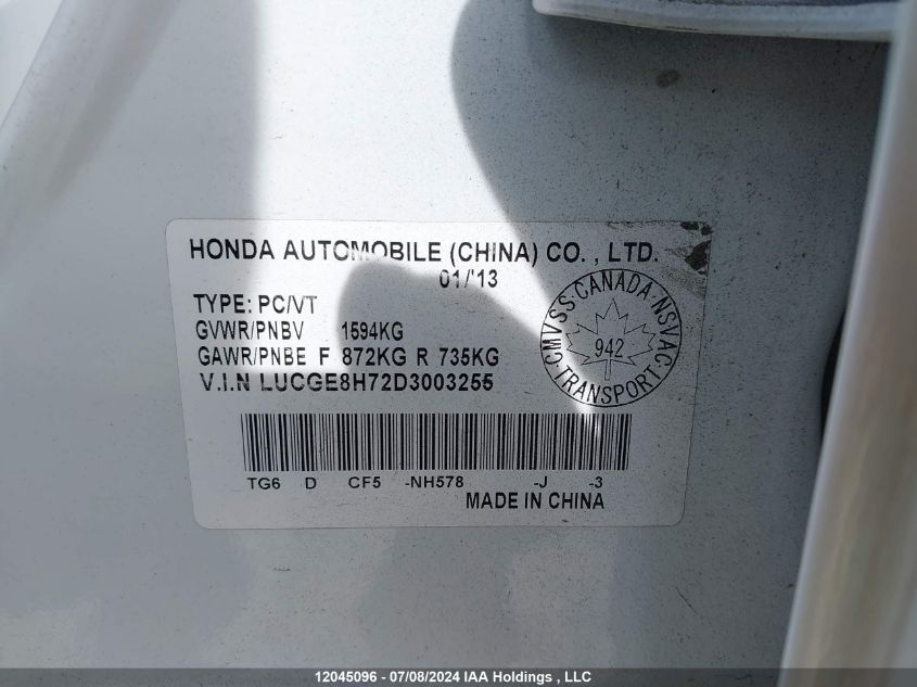 2013 Honda Fit VIN: LUCGE8H72D3003255 Lot: 12045096