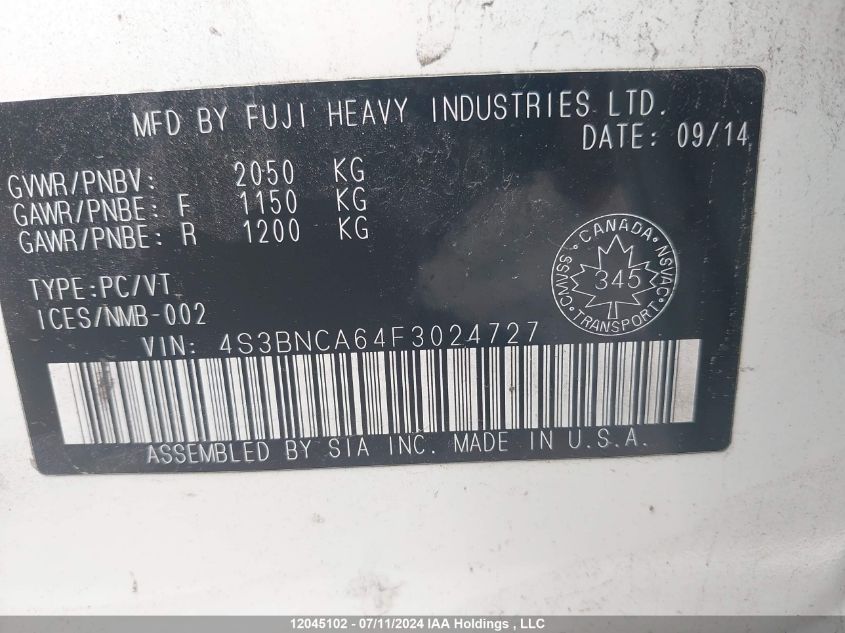 2015 Subaru Legacy VIN: 4S3BNCA64F3024727 Lot: 12045102