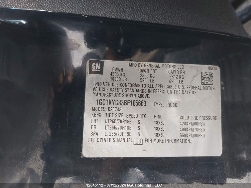 2011 Chevrolet Silverado K2500 Heavy Duty Ltz VIN: 1GC1KYC83BF105663 Lot: 12045112