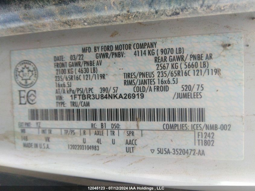 2022 Ford Transit T-250 VIN: 1FTBR3U84NKA26919 Lot: 12045123