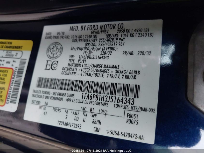 2018 Ford Mustang Ecoboost Premium VIN: 1FA6P8TH3J5164343 Lot: 12045124