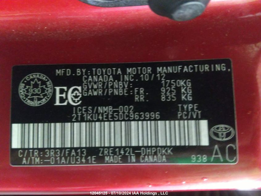 2013 Toyota Matrix VIN: 2T1KU4EE5DC963996 Lot: 12045125